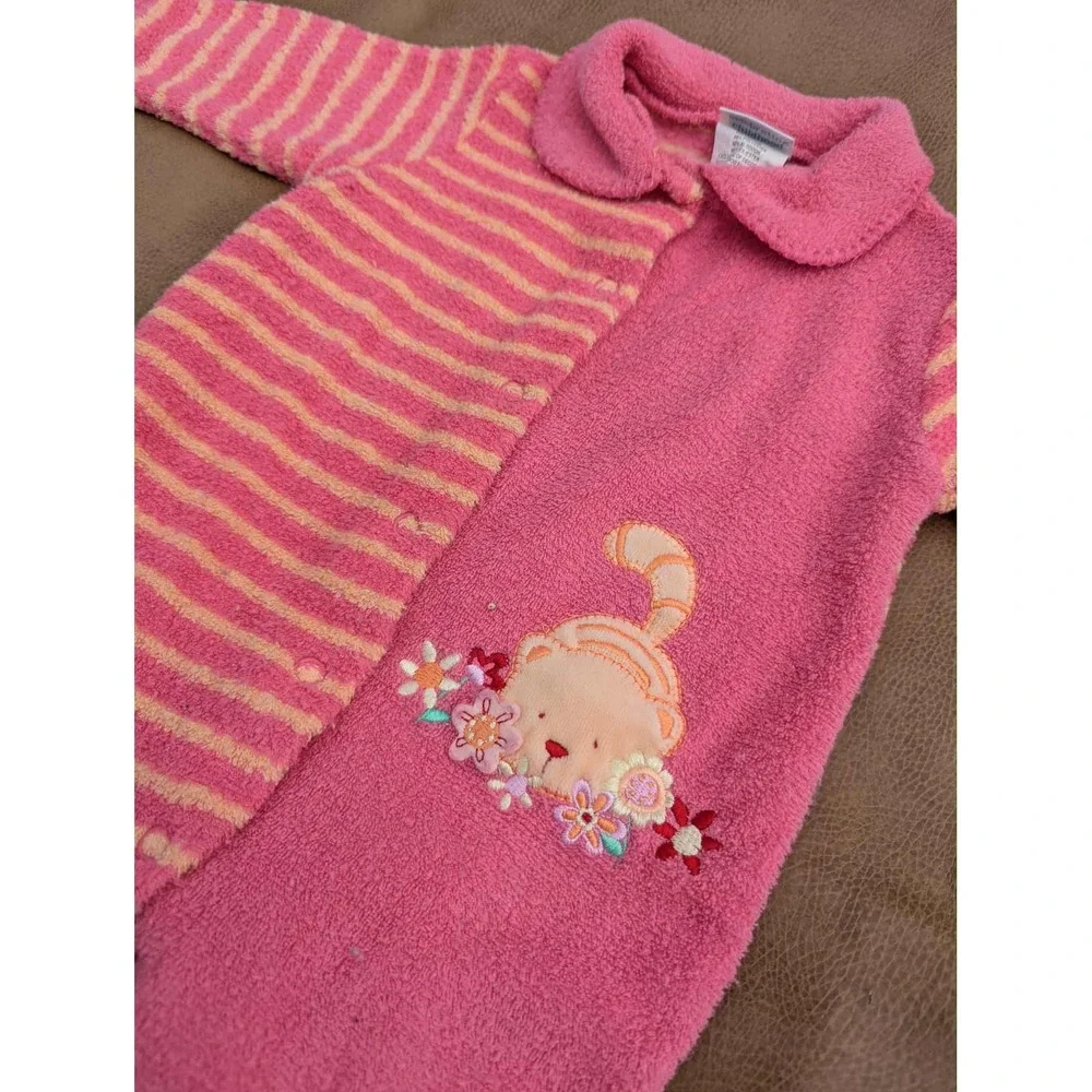 Vtg Carter's Pink Orange Stripe Cat Terry Cloth Baby Girl Sleeper 0-3 Mos Footed